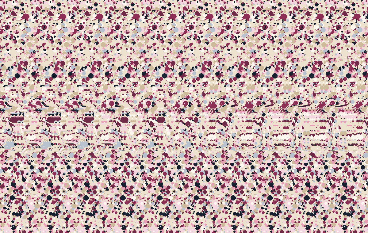 Autostereogram in plum, rose and cream dots; with relaxed eyes a hidden word floats out in 3D.